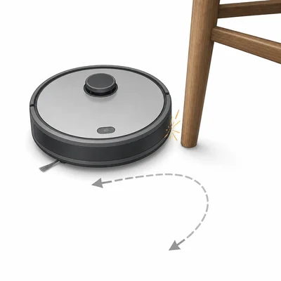 A robot vacuum bumps a chair leg and turns away.