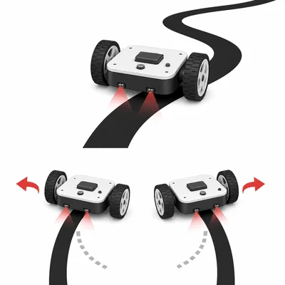 A robot follows a black line on a white floor using sensors.