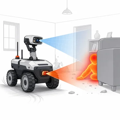 A rescue robot uses a camera, heat sensor, and wheels to search a room.