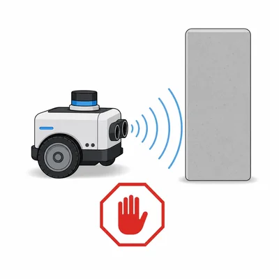 A robot senses a close obstacle and stops.