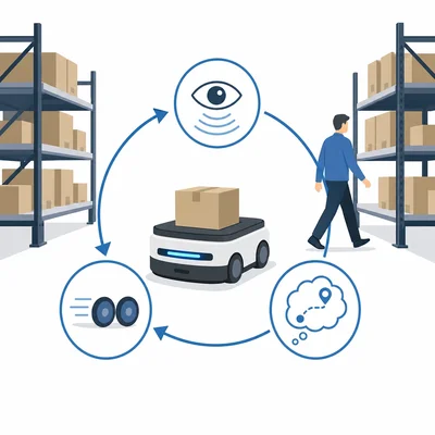 A warehouse robot repeatedly senses, plans, and acts to avoid a person.
