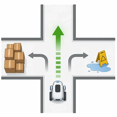A robot at an intersection sees boxes left, a clear path ahead, and a wet floor to the right.