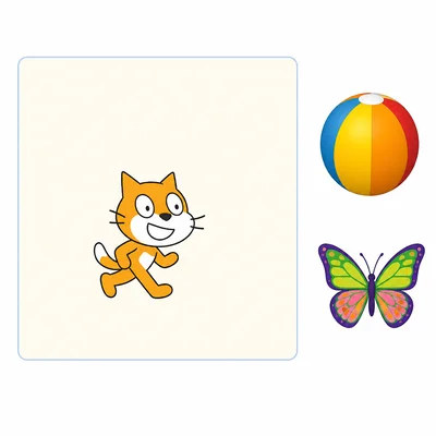 A cat, ball, and butterfly shown as possible sprites on a simple computer stage.