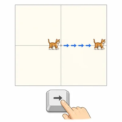 A sprite moves right from the center after repeated right-arrow key presses.