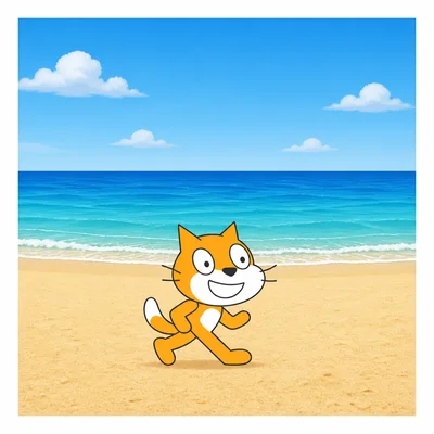An orange cat sprite in front of a beach backdrop.