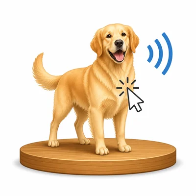 A cursor clicking a dog sprite with sound waves nearby.