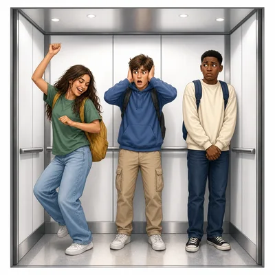 Three characters in an elevator react differently to dance music.