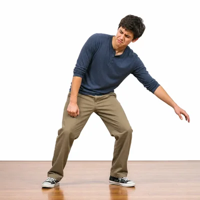A student actor pretends to carry a heavy invisible suitcase.