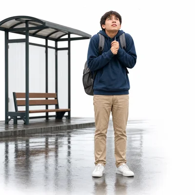 A student actor suggests being at a rainy bus stop without real rain.