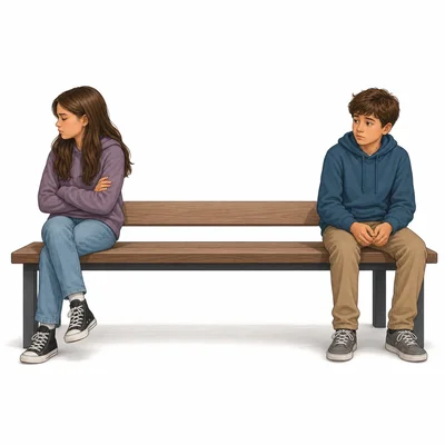 Two students sit far apart on a bench, suggesting distance or tension.