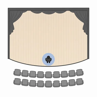 Top-down stage diagram showing an actor at the front center of the stage near the audience.