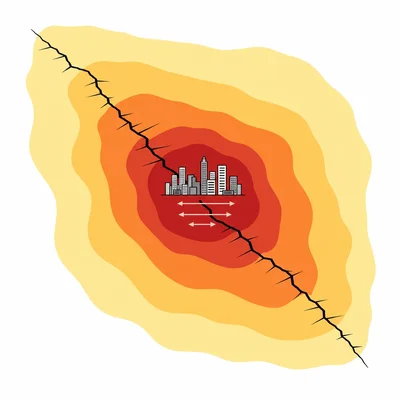 Seismic hazard map with a city in a high-shaking zone near a fault.