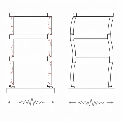 Comparison of a brittle frame cracking and a ductile frame bending during shaking.