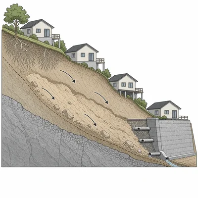 Earthquake-triggered landslide risk on a steep slope with slope-stabilization measures.