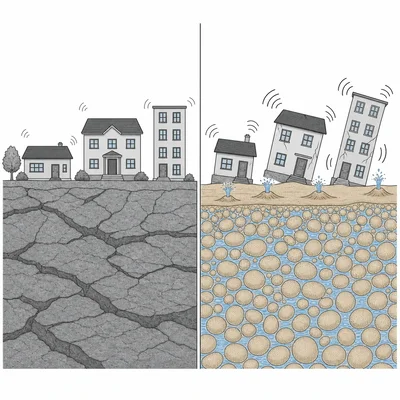 Two towns at equal distance from a fault, one on bedrock and one on saturated sand with more damage.