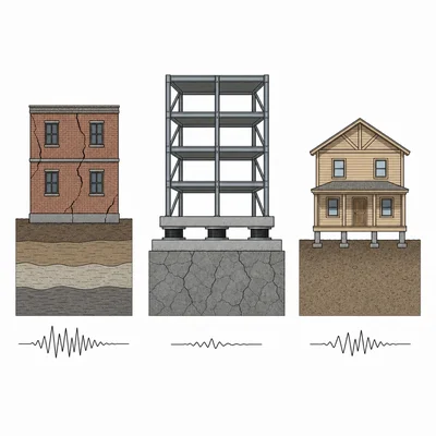 Three building types on different foundations showing different earthquake safety features.