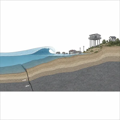 Coastal city threatened by a tsunami after seafloor movement, with elevated buildings and higher ground inland.