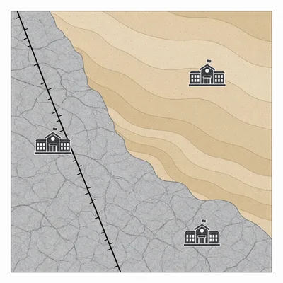 Map comparing three school sites by distance from a fault and ground material.
