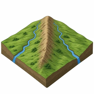 Two streams flow away from opposite sides of a ridge.