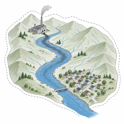Pollution from an upstream factory travels downstream toward a town in the same watershed.