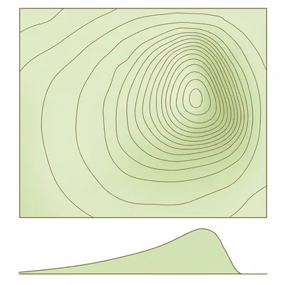 Contour lines close together on one side of a hill and far apart on the other.