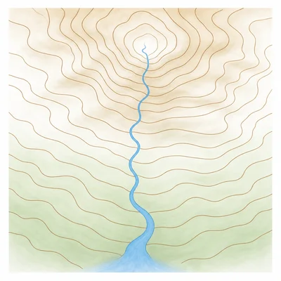 A stream crossing contour lines from higher land toward lower land.