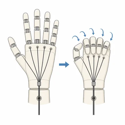 Five prosthetic fingers are connected to one string and close together.