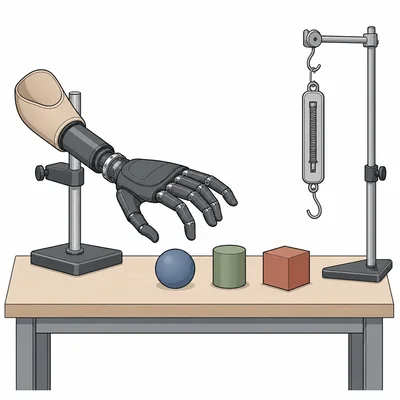 A prosthetic hand is tested gripping a sphere, cylinder, and cube with a measuring tool nearby.