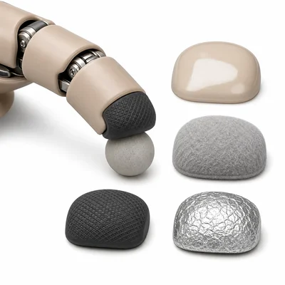Different grip pad materials are shown for prosthetic fingertips, including a textured rubber pad.