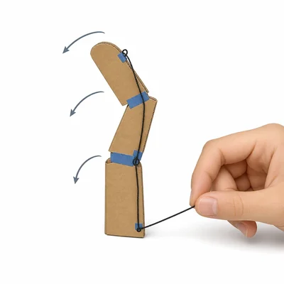 A cardboard model finger bends when a string along the front is pulled.