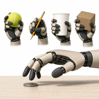A prosthetic hand grips larger objects but struggles to pick up a flat coin.