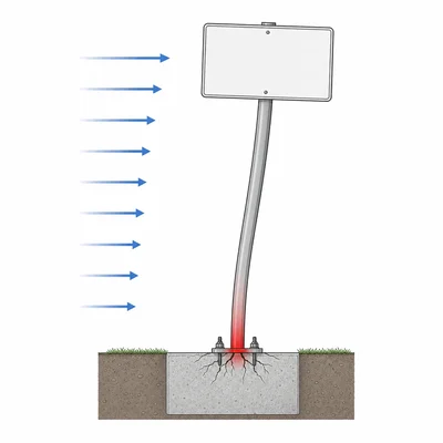 Wind loading a tall signpost, with bending and damage concentrated at the base.