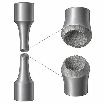 Ductile metal specimen with necking and rough cup-and-cone fracture surfaces.