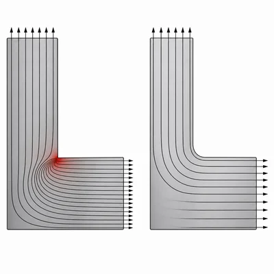 Comparison of a sharp inside corner and a rounded fillet showing reduced stress concentration.