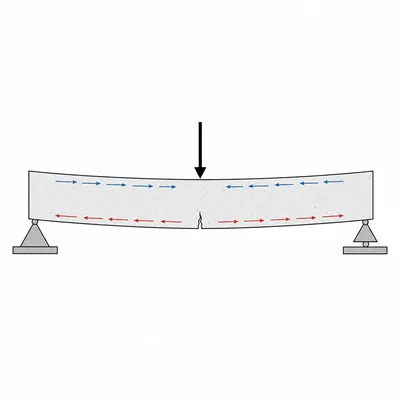 Beam bending under a central load with a small crack on the bottom surface near the center.