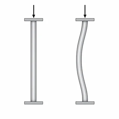 Comparison of a shorter straight column and a longer column buckling under compression.