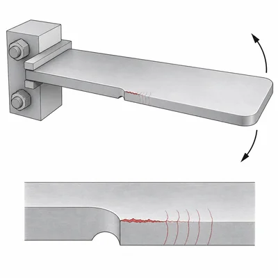 Metal bracket under repeated loading with a fatigue crack growing from the surface.