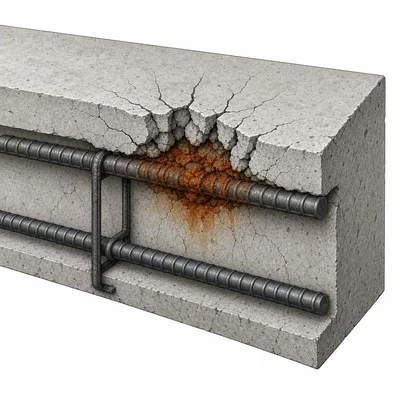Corroded reinforcement bar inside concrete causing cracks and spalling.