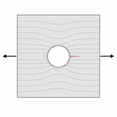 Flat plate with a circular hole and a crack starting at the hole edge under tension.
