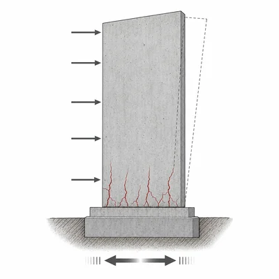 Concrete wall shaken sideways during an earthquake with cracks near the base.