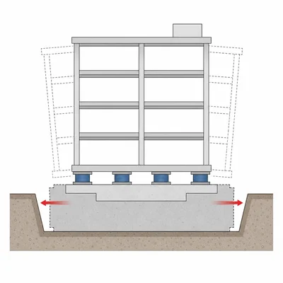 Diagram of a building separated from its foundation by base isolation bearings during sideways ground motion.