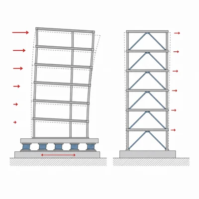 Comparison of a flexible base-isolated building and a stiffer braced frame building.