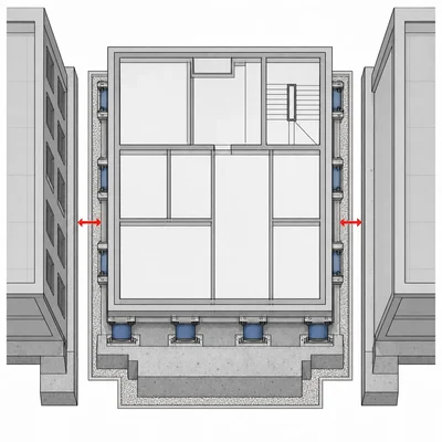 Diagram showing limited clearance around a base-isolated building on a tight urban lot.