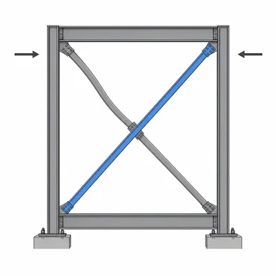Diagram of crossing diagonal braces, with one brace stretched and the other compressed during lateral shaking.
