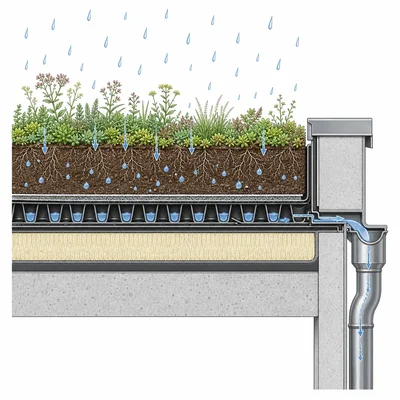 Green roof cross-section showing rainfall retained in vegetation and soil with reduced runoff.