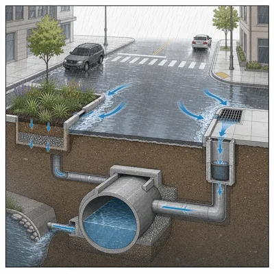 Intersection stormwater solutions showing runoff diverted to a rain garden and underground storage.