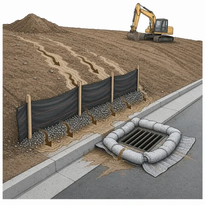 Construction site with silt fence and storm drain inlet protection filtering muddy runoff.