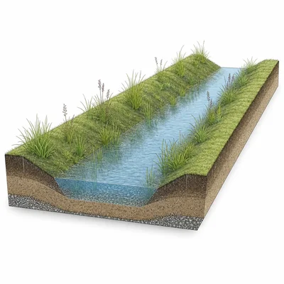 Vegetated bioswale temporarily storing shallow ponded stormwater.
