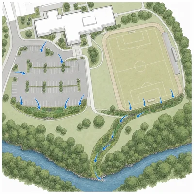 Campus stormwater plan with parking lot rain garden, sports field buffer, bioswale, and shaded stream.