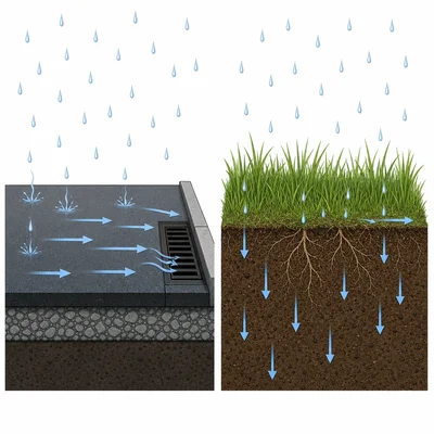 Comparison of rain running off pavement versus soaking into grassy soil.